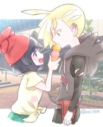 Rule 34 | 1boy, 1girl, aoi (aoi ykm), black hair, blonde hair, creatures (company), eye contact, floral print, food in mouth, game freak, gladion (pokemon), green eyes, hood, hoodie, ice cream cone, looking at another, nintendo, open mouth, pokemon, pokemon sm, selene (pokemon), shirt, smile, standing, tied shirt, torn clothes, twitter username