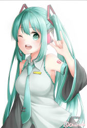 Rule 34 | 1girl, absurdres, aqua eyes, aqua hair, artist name, bare shoulders, blush, chiiririn, detached sleeves, female focus, frills, hair ornament, hatsune miku, headphones, highres, long hair, looking at viewer, microphone, necktie, open mouth, simple background, solo, tattoo, twintails, vocaloid, white background, wink