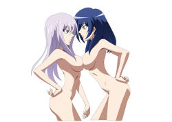 Rule 34 | 10s, 2girls, angry, armpits, artist request, ass, bare shoulders, blue eyes, blue hair, breast press, breasts, cardfight!! vanguard, earrings, eye contact, female focus, hand behind, hand on own hip, jewelry, large breasts, legs, lipstick, long hair, looking at another, makeup, multiple girls, narumi asaka, naughty face, nude, serious, sideboob, smile, symmetrical docking, tokura misaki, white hair, yuri
