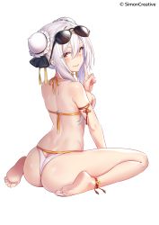 Rule 34 | 1girl, ankleband, arm ribbon, ass, barefoot, bikini, breasts, bun cover, character request, closed mouth, copyright notice, double bun, eyewear on head, from behind, full body, hair bun, halterneck, highres, hika (cross-angel), index finger raised, looking at viewer, looking back, medium breasts, o-ring, o-ring bikini, orange eyes, ribbon, sidelocks, simple background, sitting, smile, solo, sunglasses, swimsuit, tassel, wariza, white background, white hair, yellow eyes, you can eat the girl