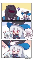 Rule 34 | 1girl, 1other, 3koma, :d, ?, ambiguous gender, arknights, black gloves, black headwear, black jacket, black shirt, blush, character name, chibi, child&#039;s drawing, closed eyes, closed mouth, comic, commentary, doctor (arknights), drawing, drawing (object), english commentary, english text, gloves, grey hair, hat, headpat, heart, highres, holding, holding drawing, hood, hood up, hooded jacket, jacket, kurotofu, long hair, long sleeves, mask, notice lines, open mouth, red eyes, shirt, short eyebrows, skadi (arknights), smile, split mouth, spoken heart, thick eyebrows, twitter username, very long hair, white gloves