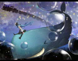Rule 34 | &gt; &lt;, 1girl, aqua eyes, aqua hair, arm up, boots, bubble, closed eyes, detached sleeves, floating hair, grin, hatsune miku, high heels, koshino nose, letterboxed, long hair, necktie, open mouth, riding, shoes, sitting, skirt, smile, solo, spring onion, star (symbol), thigh boots, thighhighs, train, twintails, very long hair, vocaloid, whale