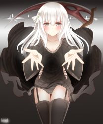 Rule 34 | 1girl, 1other, absurdres, black dress, blush, closed mouth, collarbone, dress, flower, garter straps, gradient background, grey background, grey eyes, hair between eyes, hair flower, hair ornament, highres, long hair, long sleeves, looking at viewer, non (wednesday-classic), original, scythe, shinigami, smile, solo, thighhighs, white flower, white hair, wide sleeves, zettai ryouiki