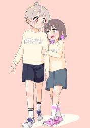 Rule 34 | 1boy, 1girl, :d, absurdres, aged down, ahoge, arm hug, bare legs, black hair, black shorts, brother and sister, brown eyes, child, clothes writing, commentary, full body, grey hair, grey skirt, happyundergate, highres, light blush, long sleeves, looking at another, multicolored hair, onii-chan wa oshimai!, open mouth, oyama mahiro, oyama mahiro (male), oyama mihari, pink background, pink footwear, pink hair, purple hair, shirt, shoes, short hair, shorts, siblings, simple background, skirt, smile, socks, two-tone hair, white footwear, white socks, yellow shirt