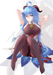 Rule 34 | 1girl, absurdres, ahoge, armpits, arms behind head, arms up, bare shoulders, bell, black legwear, blue hair, blush, bodice, bodystocking, bracelet, breasts, cowbell, dated, detached collar, embarrassed, feet, frown, full body, ganyu (genshin impact), genshin impact, goat horns, hair between eyes, highres, horns, janload1ng, jewelry, knees together feet apart, large breasts, long hair, neck bell, no shoes, purple eyes, sitting, skindentation, solo, very long hair
