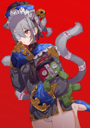 Rule 34 | 1girl, animal ears, black hat, blue footwear, breasts, cat ears, cat girl, cat tail, chinese clothes, commentary request, dress, eyebrows hidden by hair, eyepatch, grey dress, grey hair, hair between eyes, hair ornament, hand up, hat, hugging object, long sleeves, looking away, maebari, multiple tails, ofuda, original, parted lips, ponytail, qingdai guanmao, red background, red eyes, ringlets, shoes, simple background, skull hair ornament, sleeves past fingers, sleeves past wrists, small breasts, solo, stuffed toy, tail, tajima ryuushi, two tails, wide sleeves