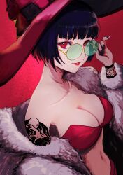 Rule 34 | 1girl, adjusting eyewear, alternate costume, alternate eye color, black hair, black nails, breasts, cleavage, green-tinted eyewear, guilty gear, guilty gear strive, hat, highres, i-no, large breasts, long sleeves, looking at viewer, mole, mole above mouth, navel, off shoulder, red eyes, red headwear, red lips, short hair, shoulder tattoo, sunglasses, tattoo, tinted eyewear, witch hat, yuu (primenumber7)