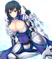 Rule 34 | &gt;:|, 1girl, :|, arm support, armor, armored dress, black gloves, black hair, blue hair, breasts, cleavage, closed mouth, covered navel, earrings, gloves, gluteal fold, holding, holding weapon, jewelry, large breasts, looking at viewer, pauldrons, reverse grip, sai (weapon), sangoku musou 1, shin sangoku musou, short hair, shoulder armor, skin tight, solo, tokonaru, v-shaped eyebrows, vambraces, wang yi, weapon