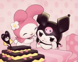 Rule 34 | 2girls, ^ ^, animal nose, arm up, black eyes, blank eyes, blush, body fur, cake, chair, closed eyes, closed mouth, crying, english text, female focus, flower, food, furry, furry female, hair flower, hair ornament, happy, heart, indoors, inkune, kuromi, layer cake, light blush, multiple girls, my melody, onegai my melody, open mouth, pink background, polka dot, polka dot background, rabbit ears, rabbit girl, rabbit tail, sanrio, smile, standing, table, tears, v-shaped eyebrows, white flower, white fur, wiping tears
