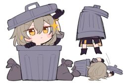 Rule 34 | 1girl, arm up, arms up, bag, black coat, black footwear, black gloves, black skirt, blush, boots, chibi, closed mouth, coat, commentary, do m kaeru, flying, gloves, grey hair, hair between eyes, hand up, high heels, honkai: star rail, honkai (series), in trash can, long hair, long sleeves, looking up, lying, on side, open clothes, open coat, simple background, skirt, solo, standing, star (symbol), stelle (honkai: star rail), symbol-only commentary, trailblazer (honkai: star rail), trash bag, trash can, v-shaped eyebrows, white background, yellow eyes