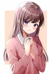 Rule 34 | 1girl, blush, border, brown hair, closed mouth, collared shirt, colored inner hair, highres, long hair, long sleeves, looking at viewer, multicolored hair, nao (nao85364), original, pink background, pink sweater, purple eyes, shirt, silver hair, smile, solo, straight hair, sweater, two-tone hair, upper body, white border, white shirt, wing collar