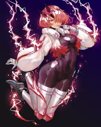 Rule 34 | 1girl, black background, black bodysuit, bodysuit, breasts, covered navel, duel monster, full body, highres, humanization, jacket, large breasts, lightning, medium hair, purple background, red eyes, red hair, skin tight, spright carrot, tomatolover16, two-tone background, white jacket, yu-gi-oh!