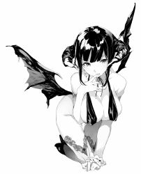 Rule 34 | 1girl, bad id, bad pixiv id, bare shoulders, breasts, cleavage, demon girl, demon horns, eyebrows, finger to mouth, greyscale, halterneck, high heels, highres, horns, large breasts, mole, mole on breast, monochrome, original, shunsei (muratou), sidelocks, simple background, solo, thighhighs, white background, wings, wrist cuffs