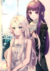 Rule 34 | 2girls, absurdres, bare shoulders, black robe, brushing another&#039;s hair, brushing hair, closed mouth, collarbone, comb, dress, earrings, elf, fern (sousou no frieren), forehead, frieren, green eyes, grey hair, highres, indoors, jewelry, long hair, multiple girls, parted bangs, pointy ears, purple eyes, purple hair, robe, sitting, sleeveless, sleeveless dress, smile, sousou no frieren, sparkle, standing, tactoki, thick eyebrows, very long hair, white dress, window