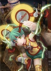 Rule 34 | 10s, 1girl, :o, building, detached sleeves, dragon kid, green eyes, green hair, headband, highres, hpflower, huang baoling, long hair, looking at viewer, matching hair/eyes, outstretched arms, short hair, shorts, skyscraper, solo, sparks, superhero costume, tiger &amp; bunny