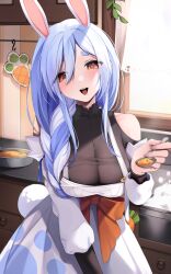 Rule 34 | 1girl, :d, animal ear fluff, animal ears, blue hair, blush, braid, braided ponytail, breasts, cleavage, clothing cutout, commentary request, feeding, food, hair between eyes, highres, hiroside, holding, holding spoon, hololive, incoming food, kitchen, large breasts, long hair, looking at viewer, mature female, multicolored hair, open mouth, orange eyes, pekomama, rabbit ears, rabbit girl, see-through, see-through cleavage, short eyebrows, shoulder cutout, smile, solo, spoon, teeth, thick eyebrows, upper teeth only, virtual youtuber, white hair