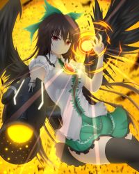 Rule 34 | 1girl, arm cannon, backlighting, bird wings, black thighhighs, black wings, bow, breasts, brown hair, collared shirt, commentary request, denpa (denpae29), energy ball, feathered wings, foreshortening, frilled shirt collar, frilled skirt, frills, green bow, green skirt, grin, hair between eyes, hair bow, hand up, highres, light rays, long hair, looking at viewer, medium breasts, pointing weapon, powering up, puffy short sleeves, puffy sleeves, red eyes, reiuji utsuho, shirt, short sleeves, skindentation, skirt, smile, smirk, solo, sun, thighhighs, third eye, touhou, very long hair, weapon, white shirt, wings