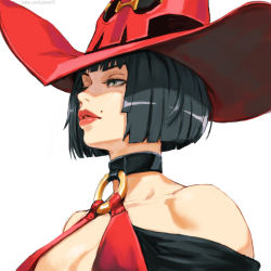 Rule 34 | 1girl, black choker, black hair, bob cut, breasts, choker, english text, guilty gear, hat, i-no, looking to the side, makeup, medium breasts, mole, mole above mouth, mole under eye, o-ring, o-ring top, one eye closed, profile, red hat, red lips, rejean dubois, simple background, solo, upper body, white background, witch, witch hat