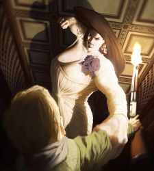 Rule 34 | 1boy, 1girl, absurdres, alcina dimitrescu, angry, battle, black flower, breasts, cleavage, clenched teeth, dress, ethan winters, firing, flower, gun, hat, highres, huge breasts, imminent punch, lipstick, makeup, missed shot, muscular, muscular female, pale skin, punching, resident evil, resident evil village, short hair, shotgun, size difference, sun hat, tall female, teeth, weapon, white dress, yellow eyes, zhaar