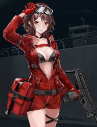 Rule 34 | 1girl, :o, absurdres, artist name, belt, black choker, breasts, brown hair, choker, cleavage, eyewear on head, fb glauberyt, girls&#039; frontline, gloves, gun, hand in own hair, handgun, highres, holding, holding weapon, jacket, lithographica, looking at viewer, machine pistol, medium breasts, medium hair, open clothes, open jacket, open mouth, personal defense weapon, pistol, pm-06, pm-06 (girls&#039; frontline), red eyes, red gloves, red jacket, red shorts, shorts, solo, standing, submachine gun, weapon