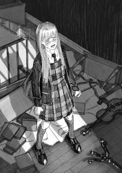 Rule 34 | 1girl, ankle socks, book, closed eyes, coat, collared coat, collared dress, crying, crying with eyes open, dress, full body, greyscale, highres, indoors, jaddddan, legs apart, long hair, long sleeves, messy room, mirror, monochrome, necktie, open mouth, original, oxfords, plaid, plaid dress, pleated dress, school uniform, shadow, socks, solo, standing, striped clothes, striped socks, table, tears, very long hair