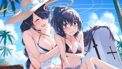 Rule 34 | 2girls, @ @, bikini, black bikini, black hair, blew andwhite, blue archive, blue hairband, blush, breasts, cleavage, closed eyes, collarbone, covered navel, day, hair between eyes, hairband, halterneck, hat, highres, hinata (blue archive), hinata (swimsuit) (blue archive), jewelry, large breasts, long hair, medium breasts, multiple girls, navel, official alternate costume, one-piece swimsuit, open mouth, outdoors, palm tree, pendant, purple eyes, smile, straw hat, striped clothes, striped hairband, swimsuit, tree, ui (blue archive), ui (swimsuit) (blue archive), white one-piece swimsuit