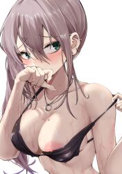 Rule 34 | 1girl, absurdres, ar-57 (girls&#039; frontline), bare shoulders, bikini, black bikini, blush, breasts, brown hair, closed mouth, collarbone, covering own mouth, fingernails, girls&#039; frontline, green eyes, hair between eyes, highres, jewelry, kuzumotsu, large breasts, long fingernails, long hair, looking at viewer, mole, mole on breast, necklace, nipple slip, nipples, piercing, pulling own clothes, solo, strap pull, swimsuit, upper body, wet