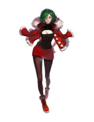 Rule 34 | 1girl, alternate costume, arm behind back, bad id, bad pixiv id, brown pantyhose, cleavage cutout, clothing cutout, contrapposto, full body, fur trim, green hair, hand on own hip, highres, jacket, jacket on shoulders, kazami yuuka, looking at viewer, meme attire, open-chest sweater, pantyhose, pencil skirt, red eyes, ribbed sweater, short hair, simple background, skirt, sola7764, solo, standing, sweater, thighband pantyhose, touhou, turtleneck, white background