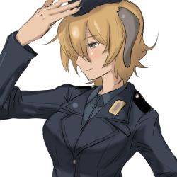 Rule 34 | 10s, 1girl, animal ears, arm up, blonde hair, brave witches, emblem, long sleeves, simple background, solo, strike witches, uniform, upper body, waltrud krupinski, white background, world witches series, yellow eyes