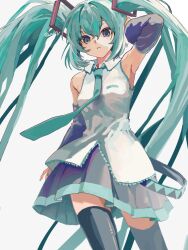 Rule 34 | 1girl, absurdly long hair, green hair, hatsune miku, highres, long hair, looking at viewer, natako (emhy2352), necktie, sleeveless, solo, thighhighs, twintails, very long hair, vocaloid