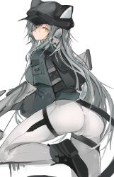 Rule 34 | 1girl, arknights, ass, black hat, bow (weapon), breasts, cameltoe, cat girl, cleft of venus, crossbow, expressionless, female focus, from behind, gloves, grey hair, hair between eyes, hat, highres, long hair, looking at viewer, medium breasts, mikozin, military, military uniform, official alternate costume, pants, schwarz (arknights), schwarz (skyline) (arknights), sideboob, simple background, solo, thigh strap, tight clothes, tight pants, uniform, very long hair, weapon, white background, yellow eyes