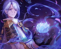 Rule 34 | 1boy, absurdres, armor, black gloves, blue hair, blue theme, eyes visible through hair, floating, flower, genshin impact, glint, gloves, highres, japanese armor, japanese clothes, kamisato ayato, katana, kote, light blue hair, looking at viewer, male focus, open hand, outdoors, parted lips, pauldrons, petals, purple eyes, rain, shoulder armor, signature, smile, solo, sword, tassel, transparent, upper body, water, weapon, xude