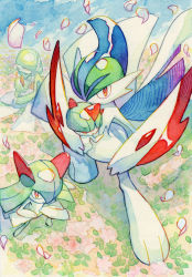 Rule 34 | closed mouth, colored skin, commentary request, creatures (company), falling petals, gallade, game freak, gardevoir, gen 3 pokemon, gen 4 pokemon, green hair, highres, holding, kirlia, looking at viewer, nintendo, no humans, petals, pokemon, pokemon (creature), ralts, simple background, smile, standing, yamanashi taiki