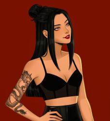 Rule 34 | 1girl, arm tattoo, avatar: the last airbender, avatar legends, azula, black hair, bra, commentary, english commentary, gittanart, half updo, hand on own hip, highres, long hair, looking up, red background, red lips, sidelocks, simple background, smile, solo, tattoo, underwear, upper body