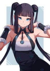 Rule 34 | 1girl, black dress, black hair, blue background, blue eyes, blunt bangs, border, breasts, brooch, cleavage, double bun, dress, eyeliner, facing viewer, fate/grand order, fate (series), fur trim, hair bun, hair rings, halter dress, halterneck, highres, jewelry, kasseus maximus, long hair, makeup, medium breasts, no bra, outside border, sidelocks, sleeveless, smile, solo, twintails, vambraces, very long hair, white border, yang guifei (fate), yang guifei (first ascension) (fate)