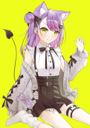 Rule 34 | 1girl, animal ear fluff, animal ears, aran sweater, belt, black bow, black bowtie, black ribbon, black skirt, blush, bow, bowtie, cable knit, cardigan, cat ears, collared shirt, colored inner hair, demon, demon tail, ear piercing, earrings, embarrassed, frilled shirt, frilled sleeves, frills, green eyes, grey cardigan, hair bun, hair ornament, hair ribbon, hairclip, heart, heart earrings, heart o-ring, high-waist skirt, highres, hololive, jewelry, leg tattoo, long hair, looking at viewer, loose socks, miniskirt, multicolored hair, o-ring, o-ring thigh strap, off shoulder, official alternate costume, open cardigan, open clothes, piercing, pink hair, pleated skirt, pom pom (clothes), purple hair, ribbon, ridario (eag0003), shirt, short sleeves, simple background, single side bun, sitting, skirt, socks, solo, suspender skirt, suspenders, sweatdrop, sweater, swept bangs, tail, tail ornament, tail piercing, tattoo, thigh strap, tokoyami towa, virtual youtuber, white shirt, white socks, yellow background