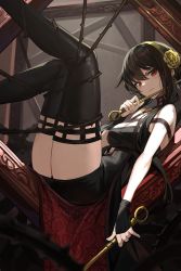 Rule 34 | 1girl, black dress, black gloves, black hair, black thighhighs, breasts, closed mouth, dagger, dress, dual wielding, feet out of frame, floral print, flower, from side, gloves, gold hairband, goomrrat, hair flower, hair ornament, hairband, highres, holding, holding dagger, holding knife, holding weapon, knife, large breasts, legs up, long hair, looking at viewer, picture frame, plant, red eyes, rose, rose print, sitting, solo, spikes, spy x family, thighhighs, thighs, thorns, two-sided dress, two-sided fabric, vines, weapon, yor briar, zettai ryouiki