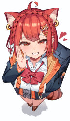 Rule 34 | 1girl, ahoge, animal ear fluff, animal ears, animal hair ornament, bag, blush, bow, bowtie, braid, breasts, crown braid, ear piercing, extra ears, from above, grin, highres, jacket, jewelry, large breasts, looking at viewer, loose bowtie, medium hair, nijisanji, orange eyes, orange hair, piercing, pleated skirt, ratna petit, red bow, red bowtie, red panda ears, red panda girl, red panda tail, school bag, school uniform, shin toro, shirt, simple background, skirt, smile, solo, striped tail, tail, virtual youtuber, white background, white shirt
