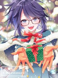 Rule 34 | 1girl, black-framed eyewear, black hair, blue capelet, blue dress, blue eyes, blue hair, blush, capelet, dress, fur-trimmed capelet, fur-trimmed dress, fur trim, gift, glasses, holding, holding gift, kson, looking at viewer, merry christmas, mole, mole under eye, n gyou, open mouth, outstretched arms, smile, solo, teeth, upper teeth only, virtual youtuber, vshojo