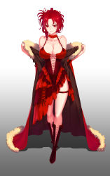 Rule 34 | 1girl, absurdres, bare shoulders, boots, breasts, cape, cleavage, closed mouth, collarbone, cross-laced clothes, cross-laced footwear, dress, fur cape, gradient background, hands up, has bad revision, has downscaled revision, highres, honkai (series), honkai impact 3rd, knee boots, lace-up boots, large breasts, looking at viewer, md5 mismatch, midriff, murata himeko, navel, parted bangs, pink lips, red dress, red eyes, red footwear, red hair, resolution mismatch, short hair, skindentation, sleeveless, sleeveless dress, smile, solo, source smaller, standing, thigh strap, underboob, ys yu