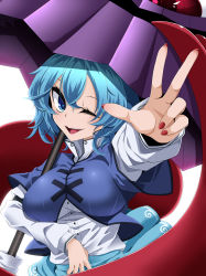 Rule 34 | 1girl, ;d, absurdres, arm up, blue eyes, blue hair, blue shirt, blue skirt, blush, breasts, commentary, hair between eyes, highres, large breasts, long sleeves, looking at viewer, nail polish, one eye closed, open mouth, purple umbrella, red nails, rihito (usazukin), shirt, simple background, skirt, smile, solo, tatara kogasa, tongue, touhou, umbrella, upper body, w, white background, white shirt
