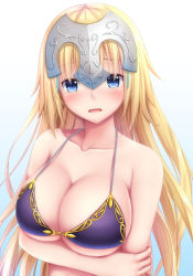 Rule 34 | 1girl, :o, bare arms, bare shoulders, bikini, blonde hair, blue eyes, blush, breast hold, breasts, cleavage, collarbone, commentary request, fate/grand order, fate (series), gradient background, halterneck, headpiece, holding own arm, jeanne d&#039;arc (fate), jeanne d&#039;arc (ruler) (fate), jeanne d&#039;arc (white cruising) (fate), large breasts, long hair, looking at viewer, open mouth, solo, standing, swimsuit, tapisuke, upper body