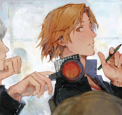 Rule 34 | 2boys, black jacket, brown eyes, brown hair, chinese commentary, commentary request, creamyghost, from side, grey hair, hanamura yousuke, hand on own chin, head rest, headphones, headphones around neck, high collar, highres, holding, holding pencil, jacket, long sleeves, male focus, multiple boys, narukami yuu, pencil, persona, persona 4, school uniform, short hair, upper body, white background, yasogami school uniform