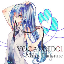 Rule 34 | 1girl, adjusting hair, bad id, bad pixiv id, blue hair, female focus, green eyes, hatsune miku, mouth hold, necktie, otsuo, ponytail, solo, vocaloid, white background, wink