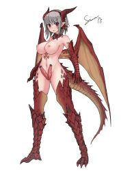 Rule 34 | 1girl, animal penis, bar censor, blush, breasts, censored, claws, dragon girl, dragon tail, erection, extra penises, full body, futanari, futanari, gem, grey hair, horns, large breasts, looking at viewer, monster girl, navel, nipples, no testicles, penis, pointy ears, red eyes, scales, short hair, signature, solo, standing, stmast, tail, wings