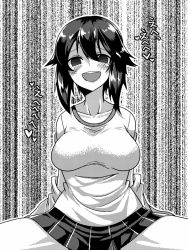 Rule 34 | 10s, 1girl, arms behind back, black hair, black skirt, blush, breasts, commentary request, greyscale, gym shirt, hair between eyes, hayasui (kancolle), heart, kantai collection, large breasts, miniskirt, monochrome, no jacket, no pupils, open mouth, pleated skirt, round teeth, shirt, short hair, skirt, solo, spread legs, teeth, translation request, yokai (yokai0401)