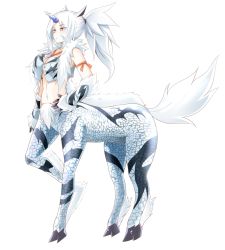 Rule 34 | 1girl, bad id, bad twitter id, breasts, centaur, centauroid, cleavage, expressionless, facial mark, female focus, highres, horns, jewelry, kirin (armor), kirin (monster hunter), monster girl, monster hunter (series), navel, necklace, niwaka potato, personification, ponytail, single horn, solo, taur, white background, white hair