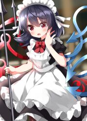 Rule 34 | 1girl, alternate costume, apron, asymmetrical wings, black dress, black hair, blue wings, blush, bow, bowtie, dress, enmaided, frills, hair between eyes, highres, holding, holding polearm, holding weapon, houjuu nue, looking at viewer, maid, maid apron, maid headdress, open mouth, polearm, red bow, red bowtie, red eyes, ruu (tksymkw), short sleeves, solo, touhou, trident, weapon, white apron, wings