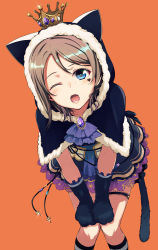 Rule 34 | 1girl, animal ears, animal hands, blue eyes, brown hair, capelet, cat ears, cat paws, cat tail, crown, fang, frilled skirt, frills, fur trim, gloves, halloween, hands on own knees, head tilt, highres, hood, leaning forward, looking at viewer, love live!, love live! school idol festival, love live! sunshine!!, nanotsuki, one eye closed, open mouth, short hair, skirt, solo, tail, watanabe you