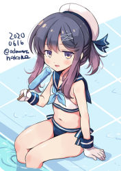 Rule 34 | 1girl, adapted costume, blue neckerchief, blue sailor collar, blush, commentary request, dated, food, gloves, hair between eyes, hat, holding, holding food, kantai collection, long hair, navel, neckerchief, odawara hakone, one-hour drawing challenge, open mouth, partially submerged, pool, popsicle, purple hair, sailor bikini, sailor collar, sailor hat, sitting, solo, tsushima (kancolle), twitter username, white gloves, white hat, yellow eyes